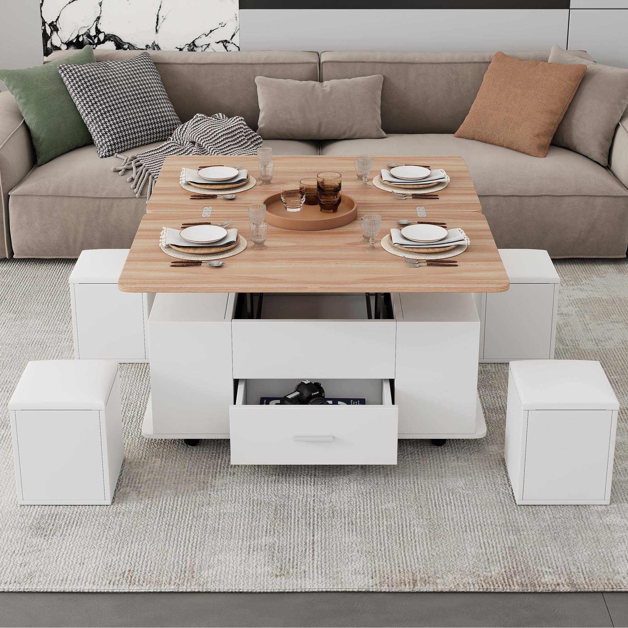 Extendable Coffee Table with Hydraulic Lift, Space-Saving Center Table with 4 Hidden-Storage Stools, 100L x 50W x 45H cm, White+Natural Aosom UK