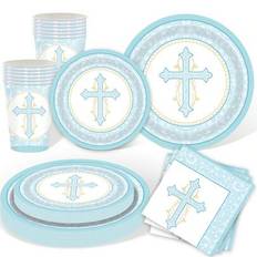 Blå första heliga dopet Servis set God Bless papperstallrikar Servetter Koppar Dop Festmaterial Rosa dopdekorationer Gud välsigne tillbehör för dop (Pappersmugg 10 st,7 tums bricka 10 st,9 tums bricka 10 st,Pappershanddukar 20st,fyra delar set)