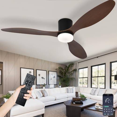 Stora Takfläktljus Och Fjärrkontroll För Sovrum, Modern Inomhus Lågprofil Takfläkt Med Lampor, 6-växlad Tyst Likströmsmotor, Minnesfunktion Dimbar LED, För Vardagsrum-Black-WoodGrain||52in