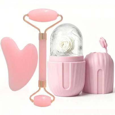 1 st/2 st/3 st isrulle ansiktsvårdsset, inkluderar rulle, gua sha-platta och isrulle, ansiktsrulle gua sha-verktygsset, ansiktsmassage-rulle för lyft - Rosa