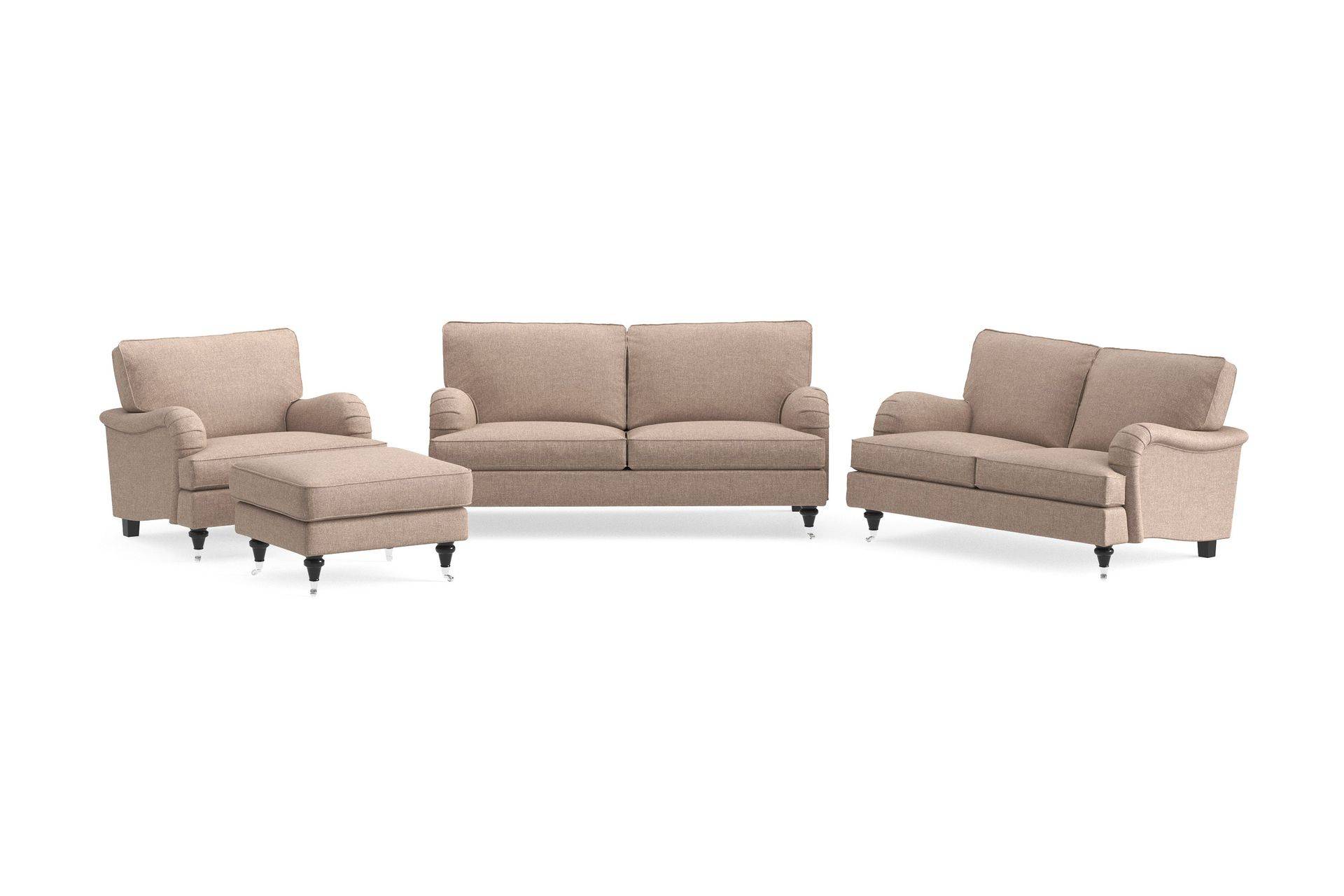 Howard Classic Sofagruppe 2-personers + Lille 2-personers Sofa + Lænestol + Fodskammel i Stof - Mørkebege