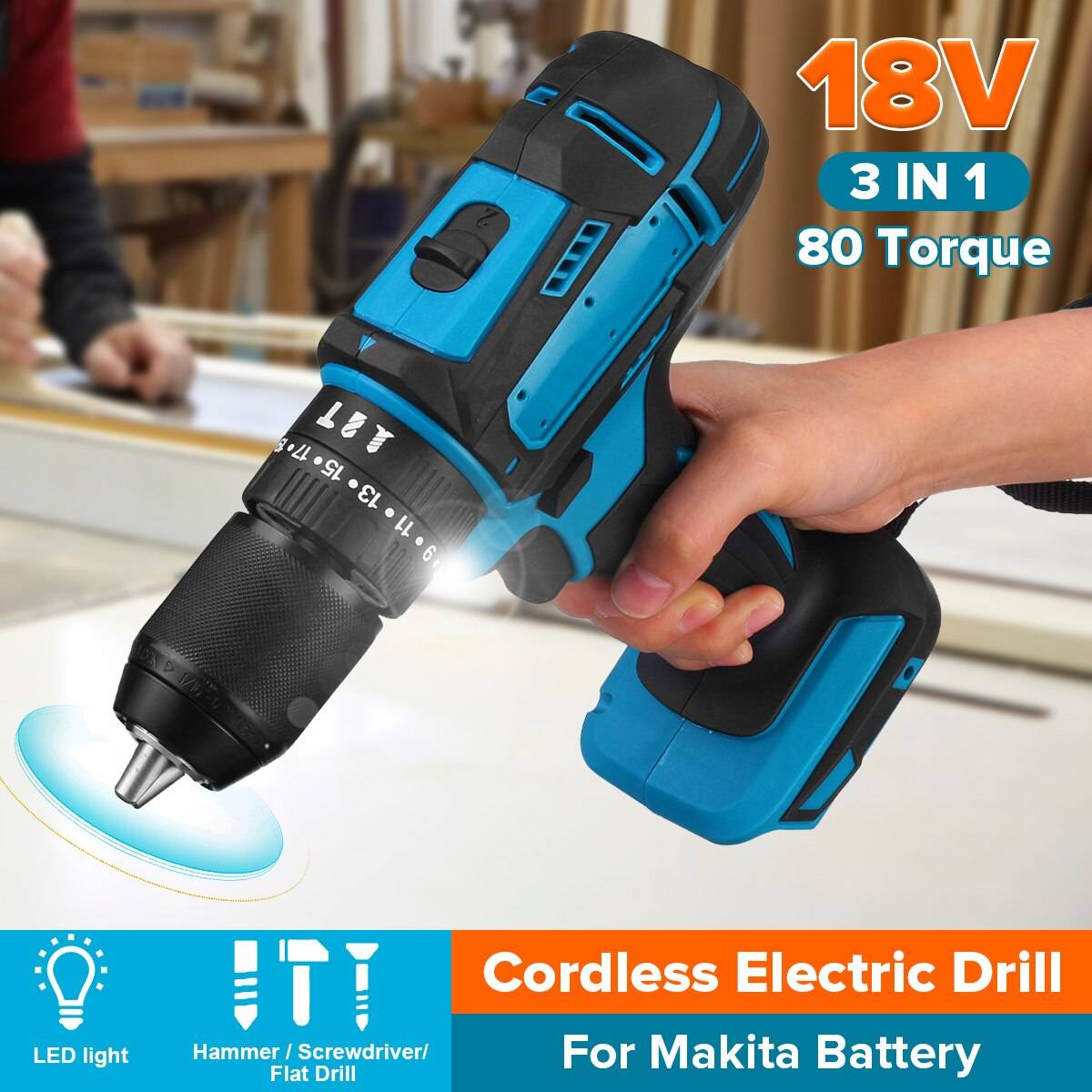 3 in 1 elektrisk borrhammare skruvmejsel 18v 21v 95nm med led-ljus 10mm sladdlös slagborr för makita batteri