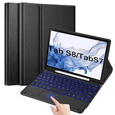 QYiiD bakgrundsbelyst tangentbord med pekplatta för Galaxy Tab S8/S7 11 tum (SM-X700/X706/T870/T875/T876), [Stöder S Pen trådlös laddning] Magnetiskt avtagbart trådlöst Bluetooth-tangentbord, svart