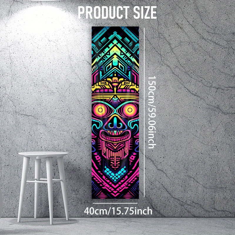 Vibrant Geometric Tapestry Featuring A Neon Tribal Mask, Perfect For A Bedroom. This -the-dark Wall Hanging Showcases Colorful Line Art And Is Uv Reactive