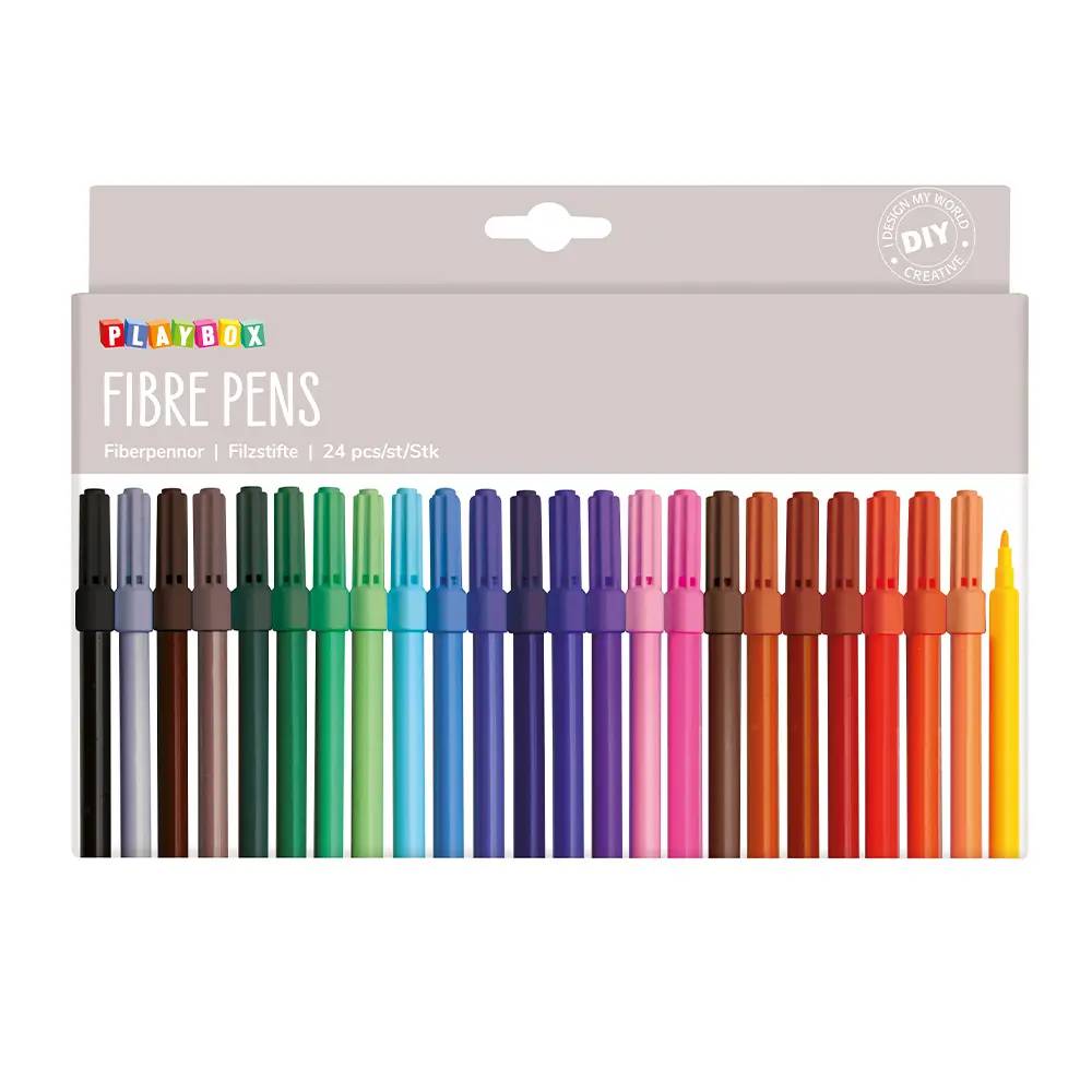 Tuschpenna Playbox Smal Fiberspets, 24 färger, ventilerad kork