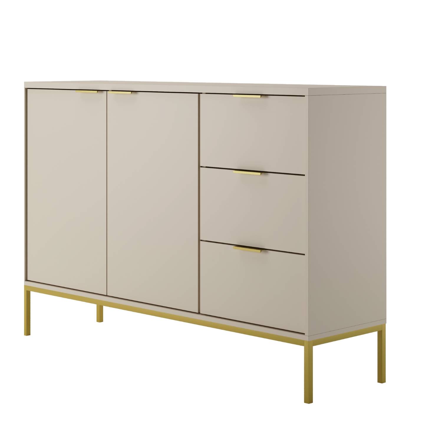 KOCOT Austin kommode, m. 2 låger, 2 hylder og 3 skuffer - cashmere lamineret spånplade og guld stål