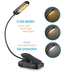 Læselampe 9 LED læselys Clip Lamp USB Genopladelig 9 lysstyrketilstande og 3 farvetemperaturer, 360° fleksibel halsklemmelampe til seng, bog, N