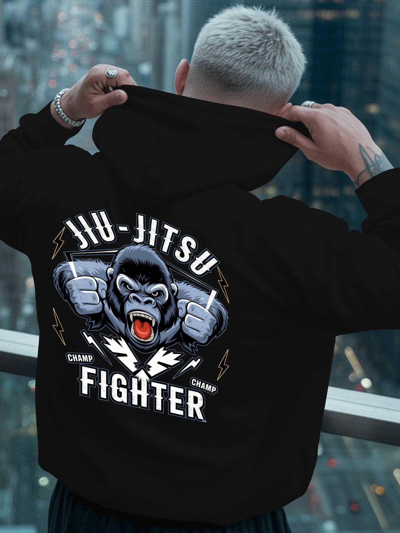 JIU JITSU FIGHTER CHAMP Herrkläder Brasiliansk Jiu-Jitsu BJJ Träningshuvtröja - Stor Storlek Bokstavstryck cm gray