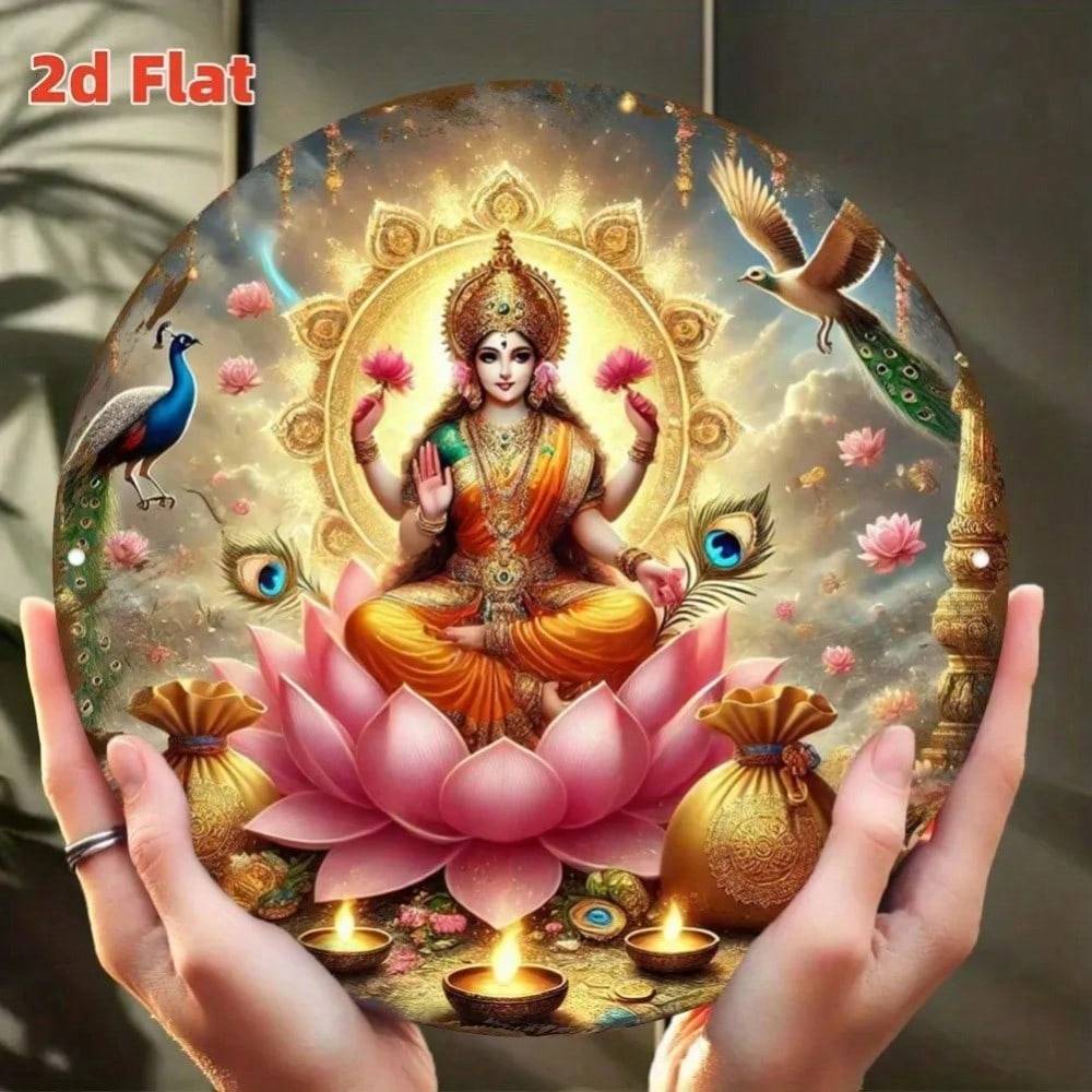 Lakshmi Gudinna Metallväggkonst Hinduisk Dekoration Lotus Påfågel Tempel Heminredning vit