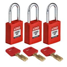 SafeKey hængelås fra Brady, robust nylon krop med stål sjækkel, fås i 9 farver, sjækkelhøjde 38,10 mm, 3 stk i en pakke