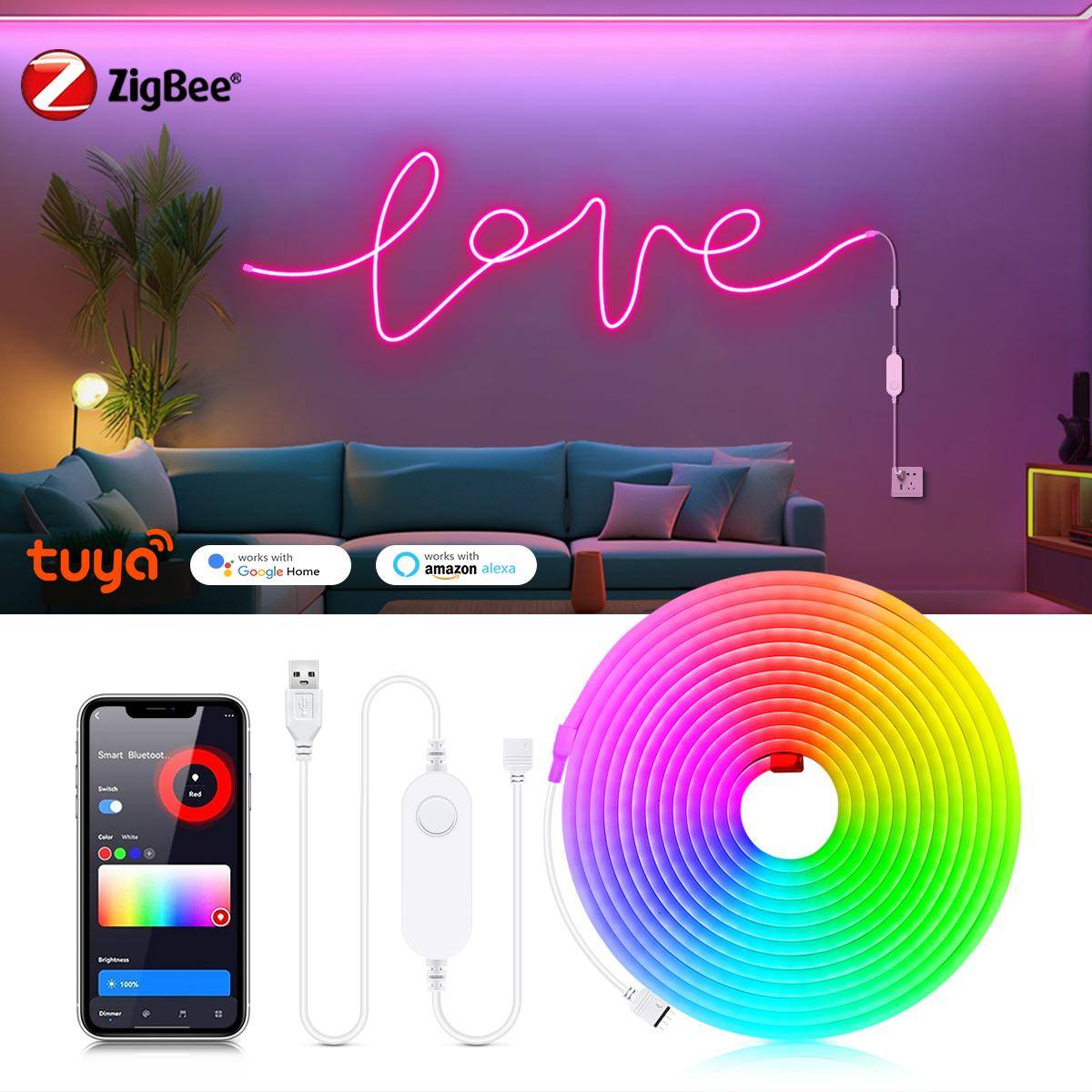 Zigbee 3.0 Neon RGB LED Strip Light USB 5V Tape Ribbon Dimbar Arbeta med Tuya Smart Gateway Hue Bridge SmartThings Alexa Google
