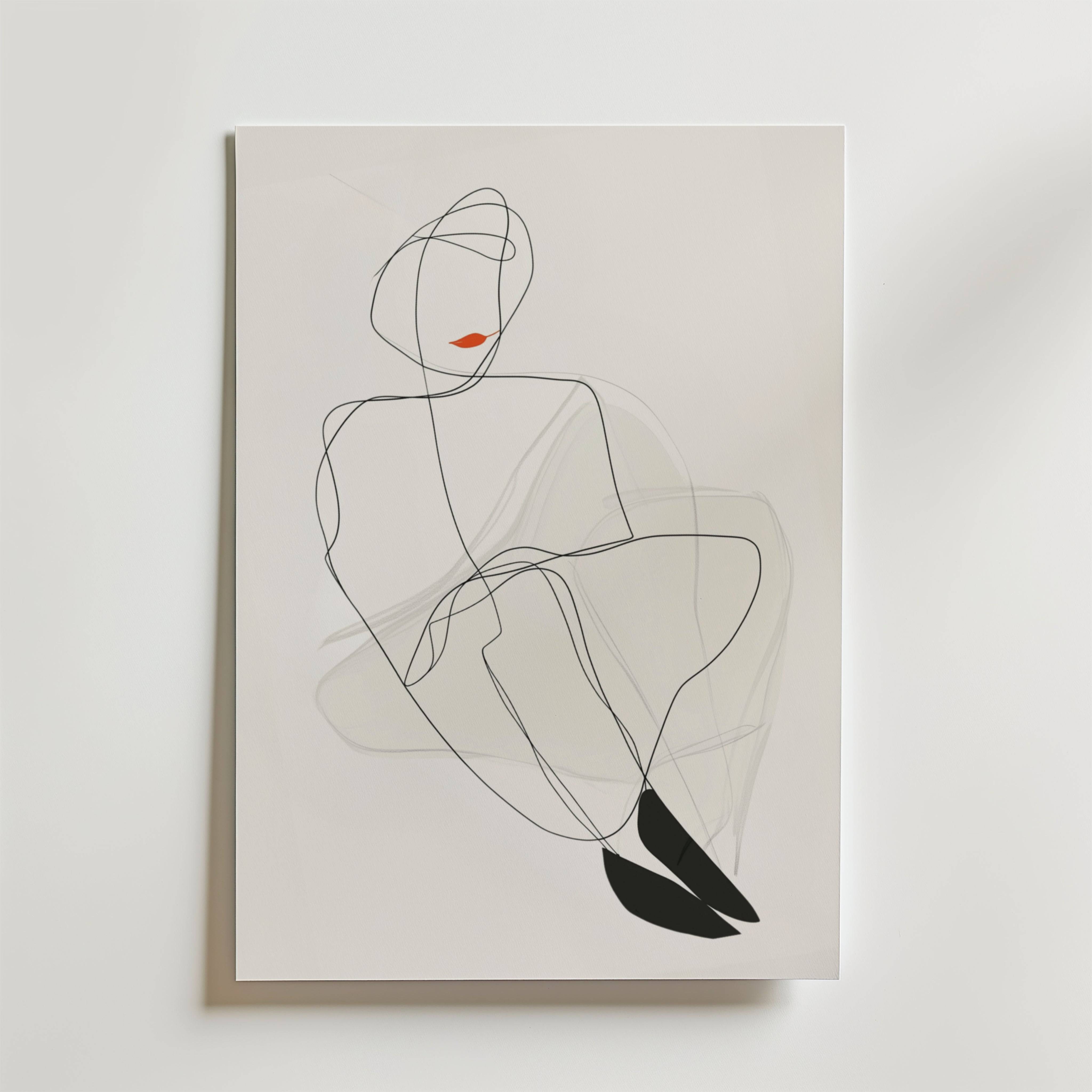 Red Lips Line Woman Poster - Premium Canvas 50x70 cm
