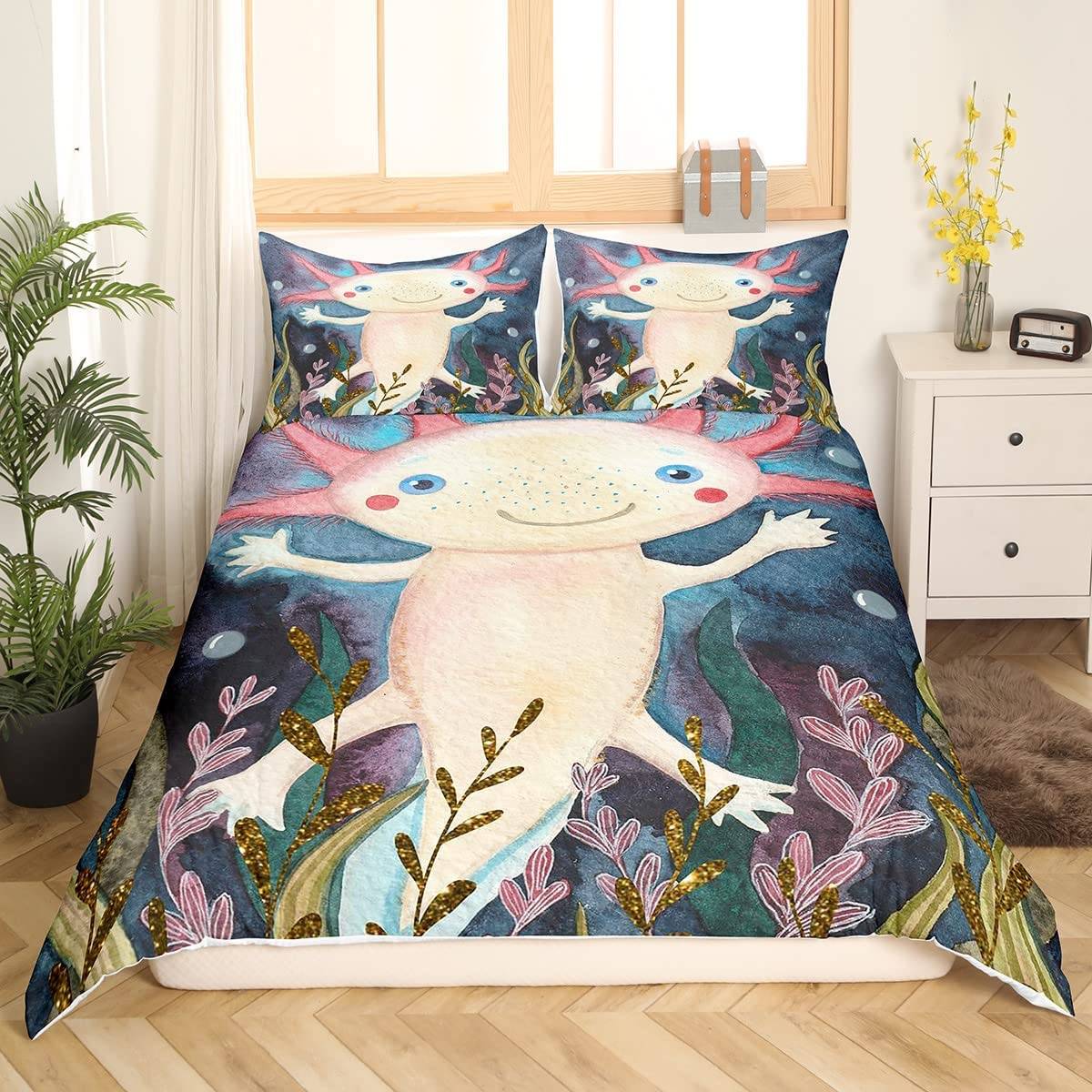 Sött Axolotl Sängklädesset För Pojkar Flickor Kawaii Reptiler Djur Täcke Örngott Tvilling King Size Havsliv Axolotl Påslakan AU King(245x210cm)