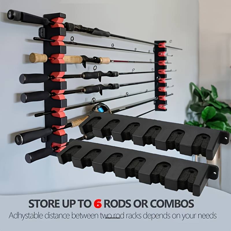 TEMU Wall-mounted Modular Fishing Rod Holder - Heavy-duty Horizontal/vertical Display Shelf Suitable For Garage, Cave, - Holds 6 Rods (6-slot) - Space-saving Fishing Gear Organization