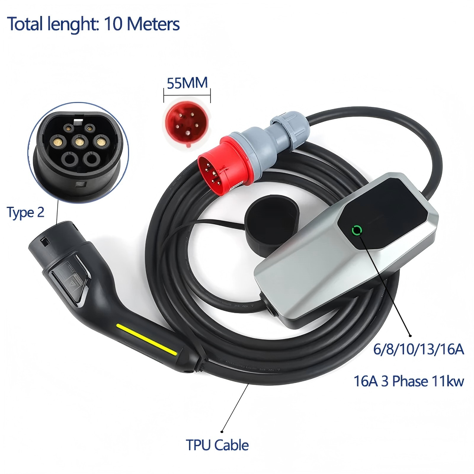 EV Charger 11kw 22kw DC Protection 16A/32A 3 phase for Electric Car  6A-16-32A  4/10/15 Meters Portable Home Charger