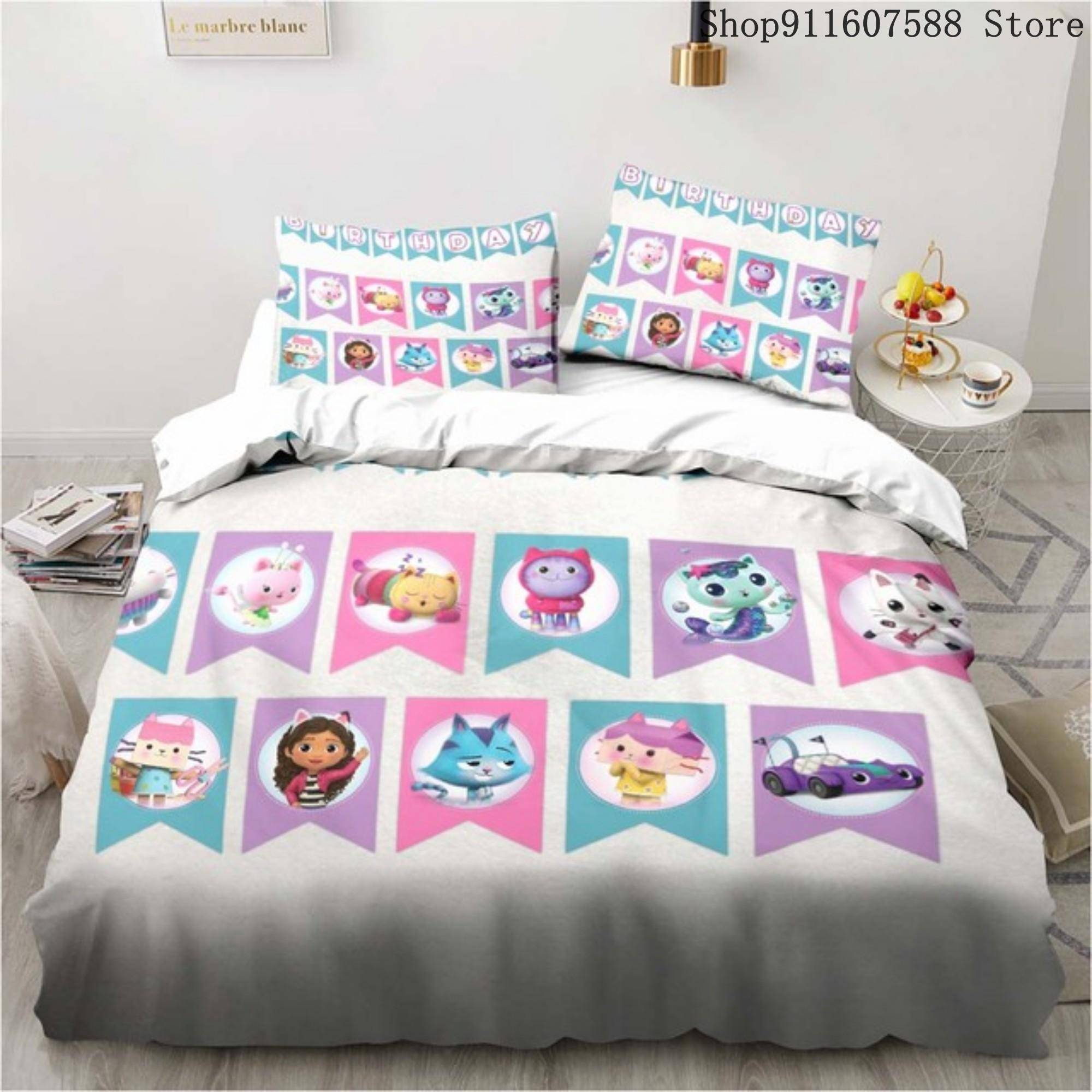 Gabbys dockhus Sängklädesset Kawaii Sänglinneset Enkel Dubbel Storlek Heminredning För Flickor Barn Tecknad Söt Katt Påslakanset AU Single140x210cm