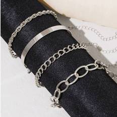 4st/Set Trendig Minimalistisk Silver Tjock Kedja Armband & Armring Set (En-Storlek)