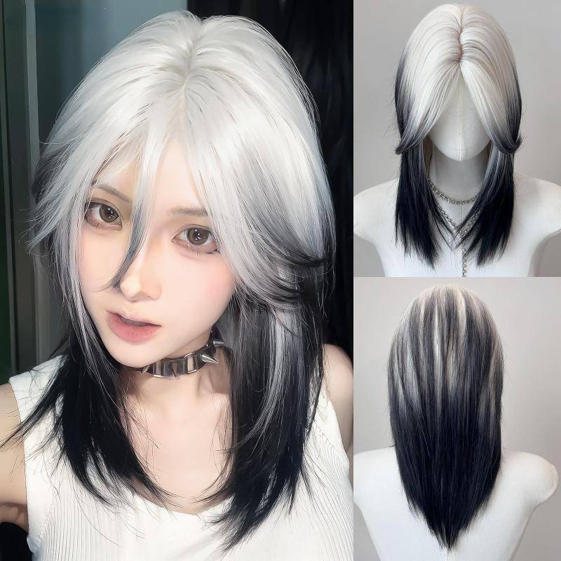18 tums svart och vit mullehuvud peruk Syntetiskt rakt fluffigt naturligt vargsvanshår för dagligt bruk Party Cosplay Koreanskt mode vit/svart