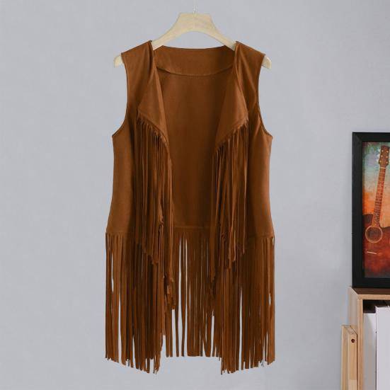 Dam Väst med Fransar Westernkläder Öppen Retro Ärmlös Jacka Cowgirl Främre Tofs Kofta Ytterkläder cm khaki