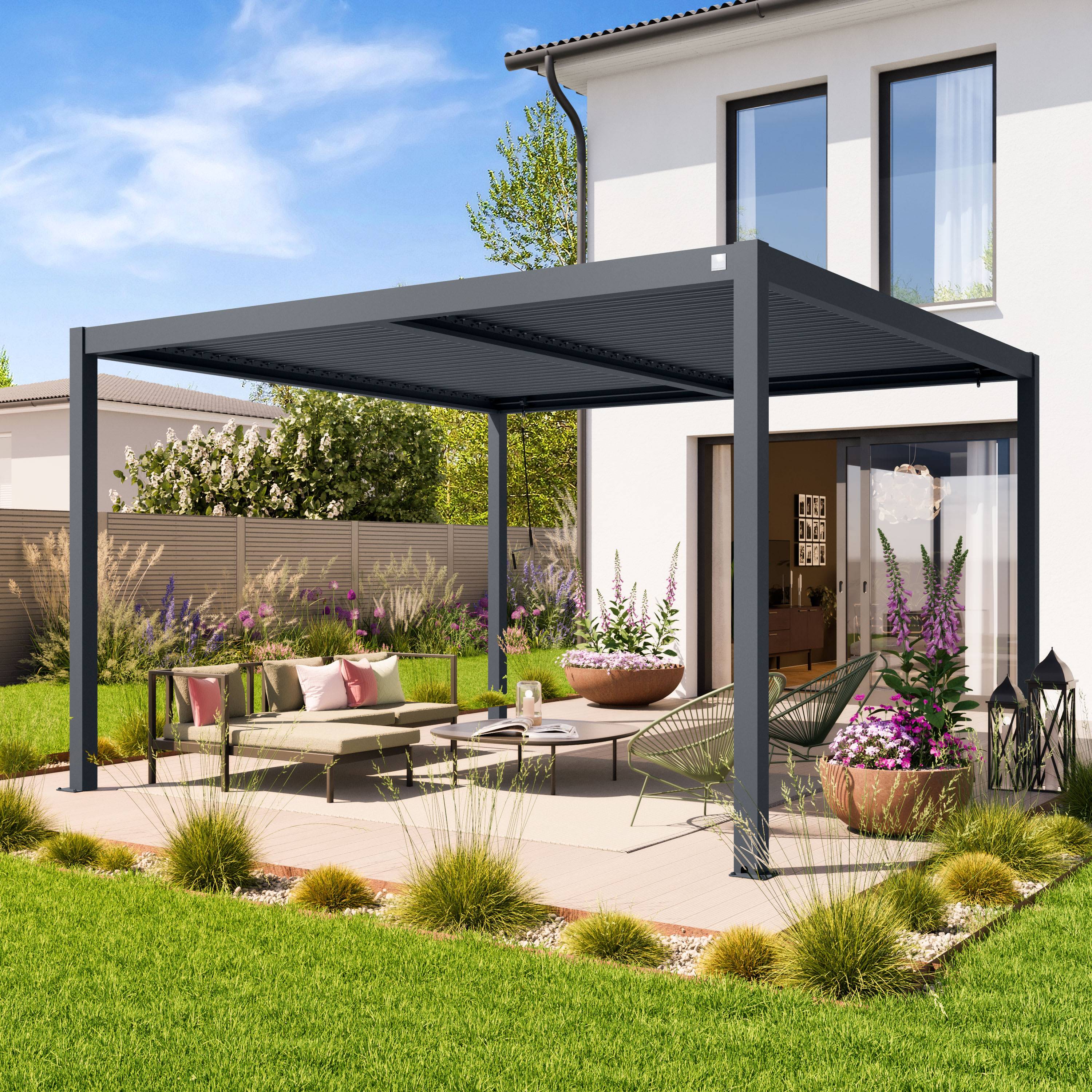 4x4m Pergola, lameltag, antracitgrå - (400129)