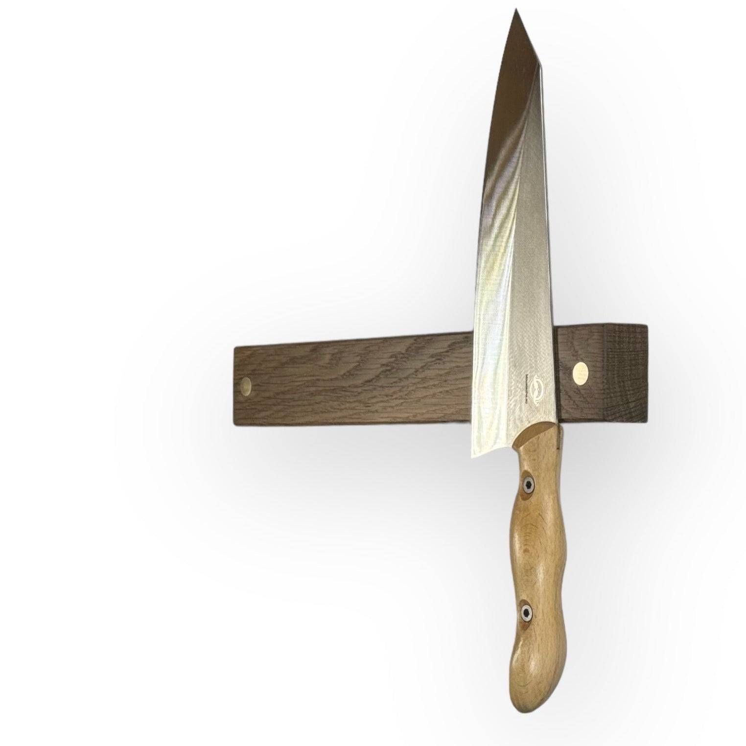 Two Dots – slim magnetic knife rail with metal detail in several finishes - 80cm / Smoked oak / Brass