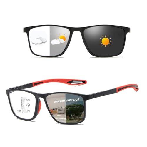 Snygga progressiva multifokala fotokromatiska läsglasögon för män och kvinnor, TR90-glasögon med flexibla bågar, blåljusskyddande läsglasögon(Black/Red,1.5 x)