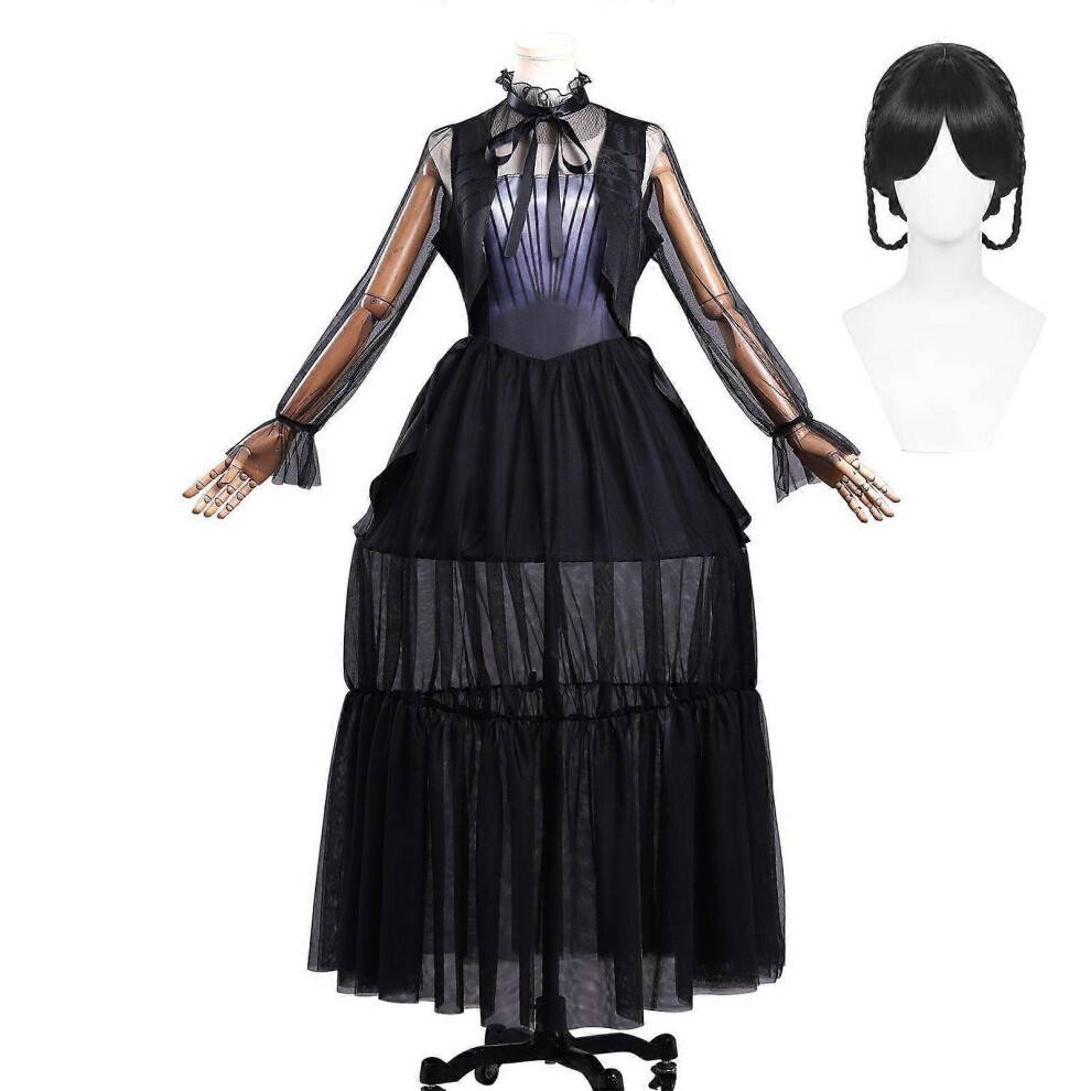 (Adult XXXL, With wig) Wednesday Season 2 Cosplay Costume Black Dress Halloween Carnival Party Fancy Dress for Womens