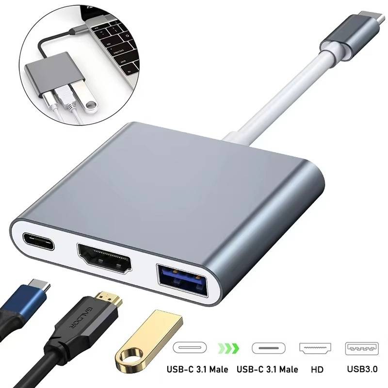 3 In 1 USB Hub USB C to HDMI-compatible Splitter HUB Type-C to HDTV USB 3.0 Docking Station Type C Converter For Macbook Laptops