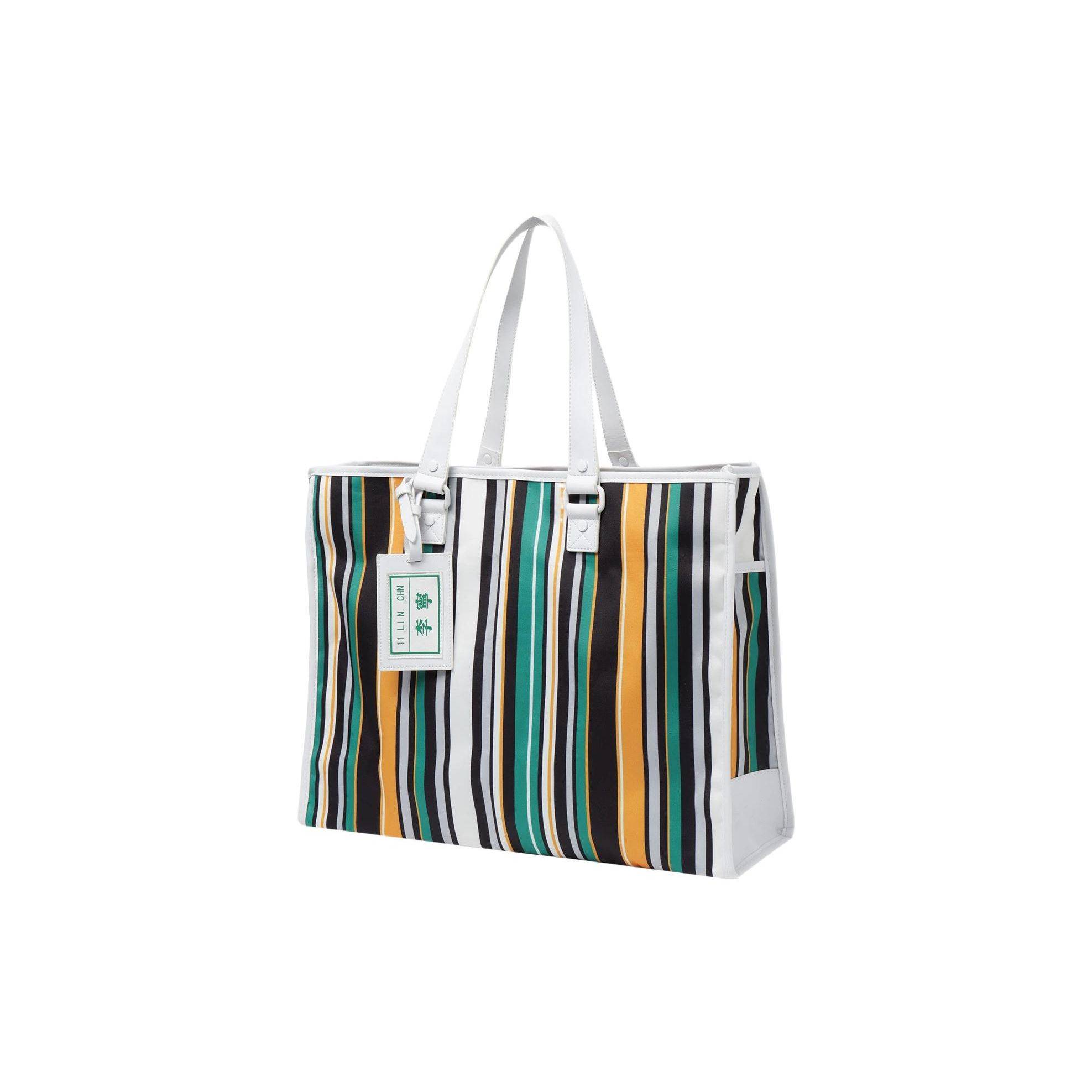 Li Ning Paris Fashion Week Runway Striped Color Block Polyester Tote Bag Unisex Tote Bag Green Yellow ABLP202-5 Green Yellow Stripes