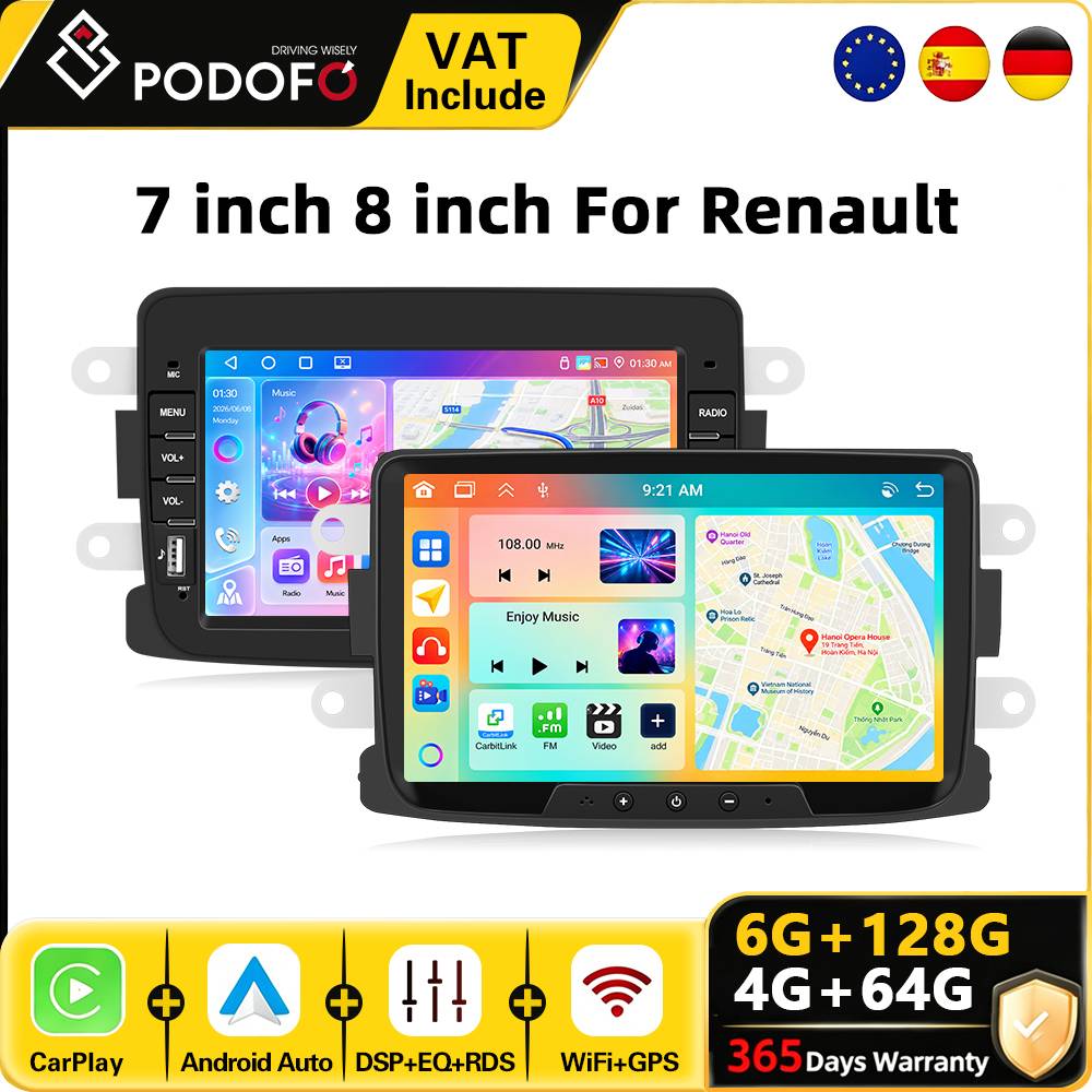 Podofo Android Car Radio 8" 6G+128G for Dacia Duster Sandero 2010-2015 Logan Dokker 2012 Car Video Multimedia Player Carplay/Android Auto Bt Car Intelligent System Gps Navigation Wifi Autoradio