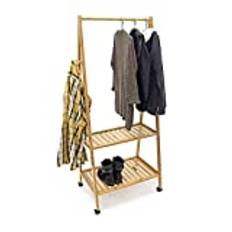 Relaxdays klädställ bambu HBT ca 154 x 63 x 45 cm rullbara garderober i bambu med 2 förvaringsfack och 4 ställbara rullar 2 klädhängare och skohylla för hall och stallar, natur
