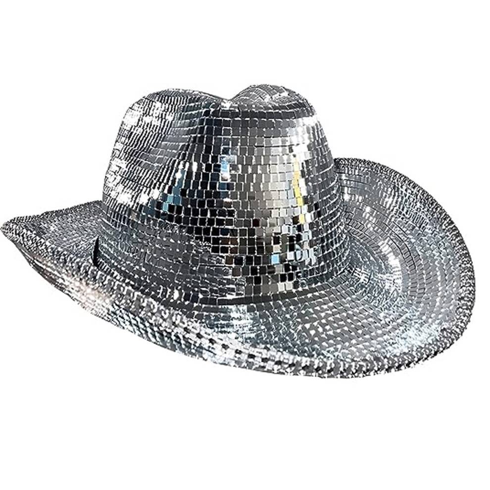Discokugle cowboyhat, spejlkugle cowboyhat, polterabendhat, dame glitrende glimmer rumhat