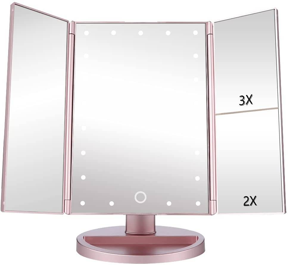 EaseHold 3-fløjet Make-up spejl i Rosa med 1, 2 og 3 x forstørrelse