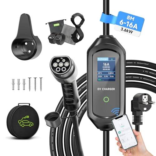 AFYEEV Mobile Wallbox, 3,6kW Typ 2 Ladekabel Schuko, 8M Ladekabel Elektroauto Typ 2 Einstellbare Strom 6/8/10/13/16A, 1-15H Verzögerungszeit EV Ladegerät, IEC 62196-2