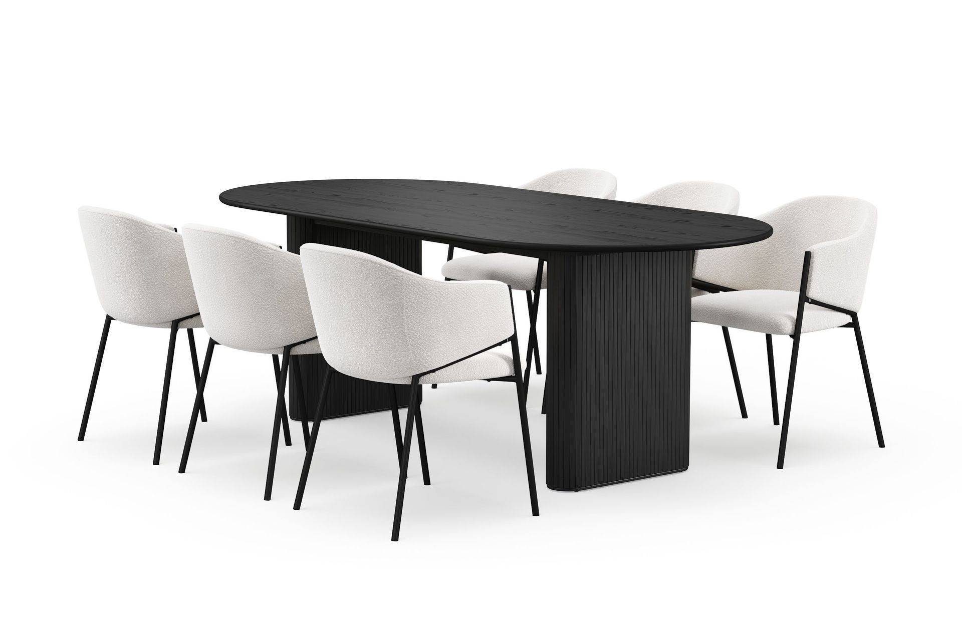 Bark Noira Ovalt Matbord 220 cm med 6 Filip Matstolar - Svart / Vit Bouclé Matgrupper Massivt trä