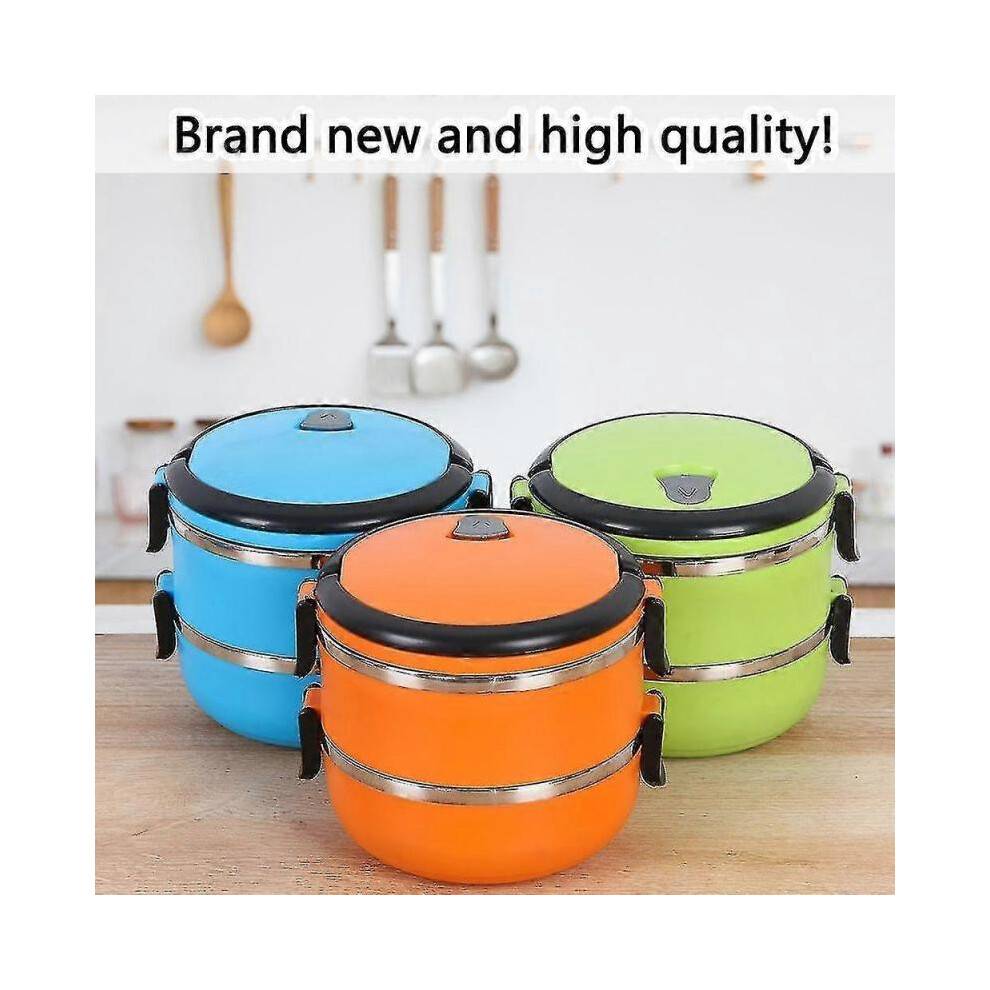 (Double layer blue) Hot Food Flask Stainless Steel Lunch Box Thermos Vacuum Insulated Trave Portable