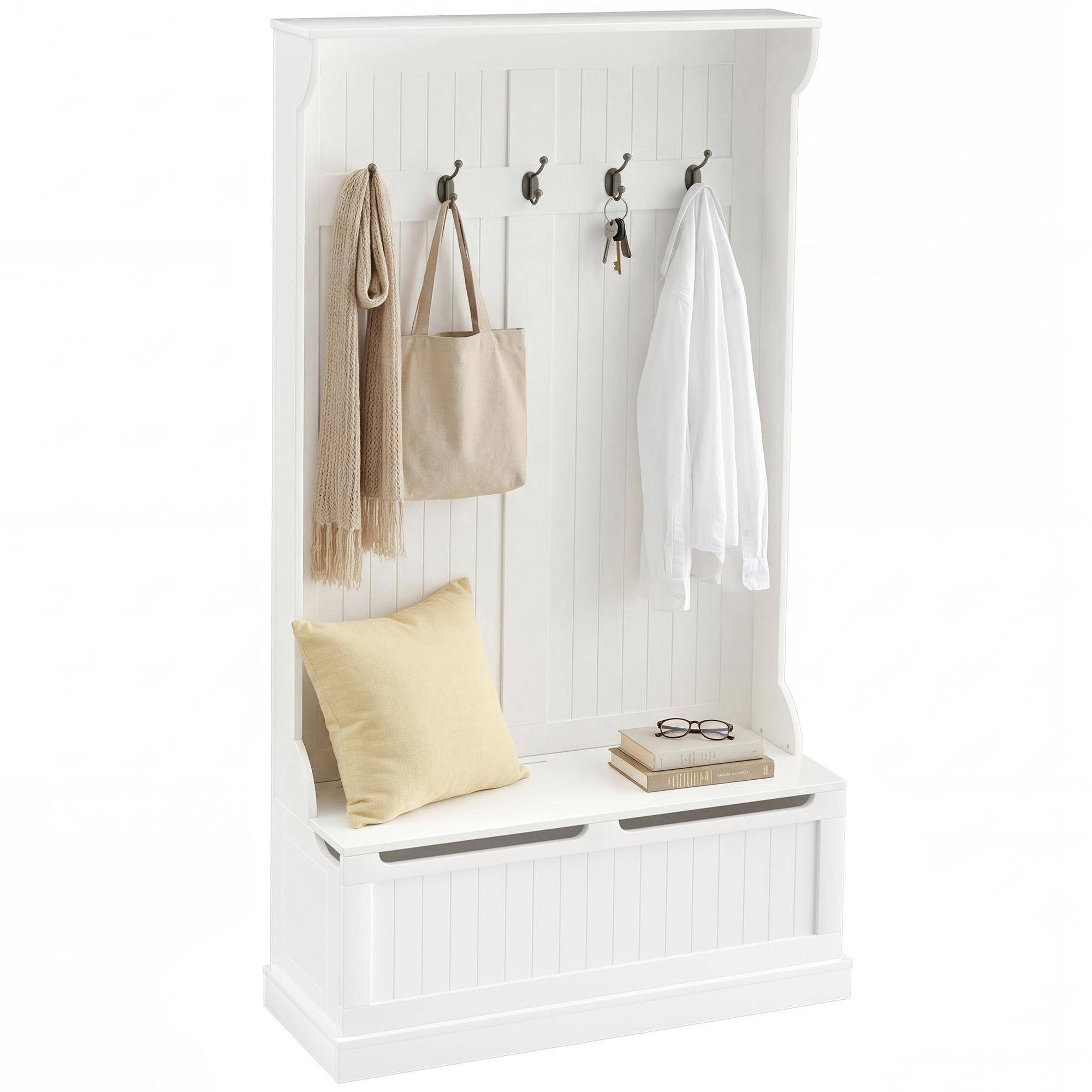 Entrance Furniture With Bench Coat Rack 3 In 1 5 Hooks Storage Bench For Living Room Hallway 96 X 34 X 179.7 Cm Cream