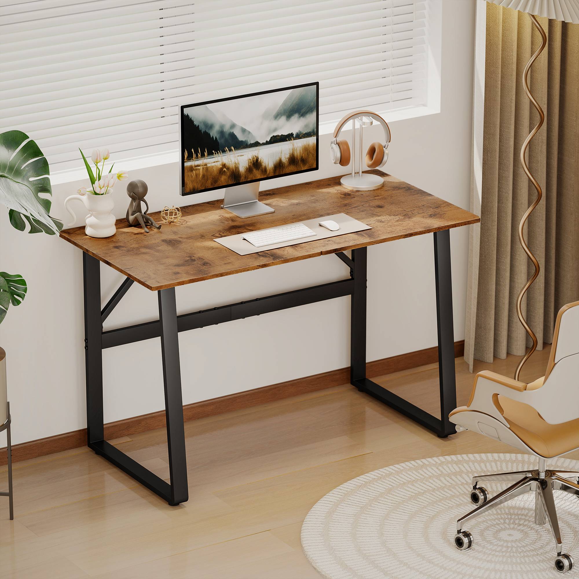 Skrivebord, computerbord med stålramme, kontorbord, pc-bord, 120x60x76cm, rustik brun + sort.