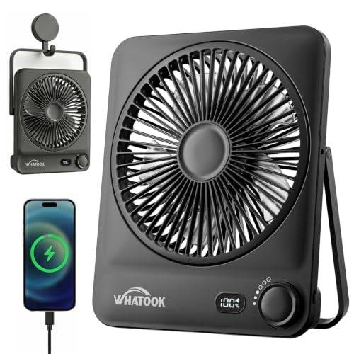 WHATOOK Uppladdningsbar Bordsfläkt 10000mAh, Portabel USB C Fläkt 40h, Tyst 30dB, 100 Hastigheter, Auto-Off Display, Tvättbart Galler, Krok för Camping Kontor Sovrum