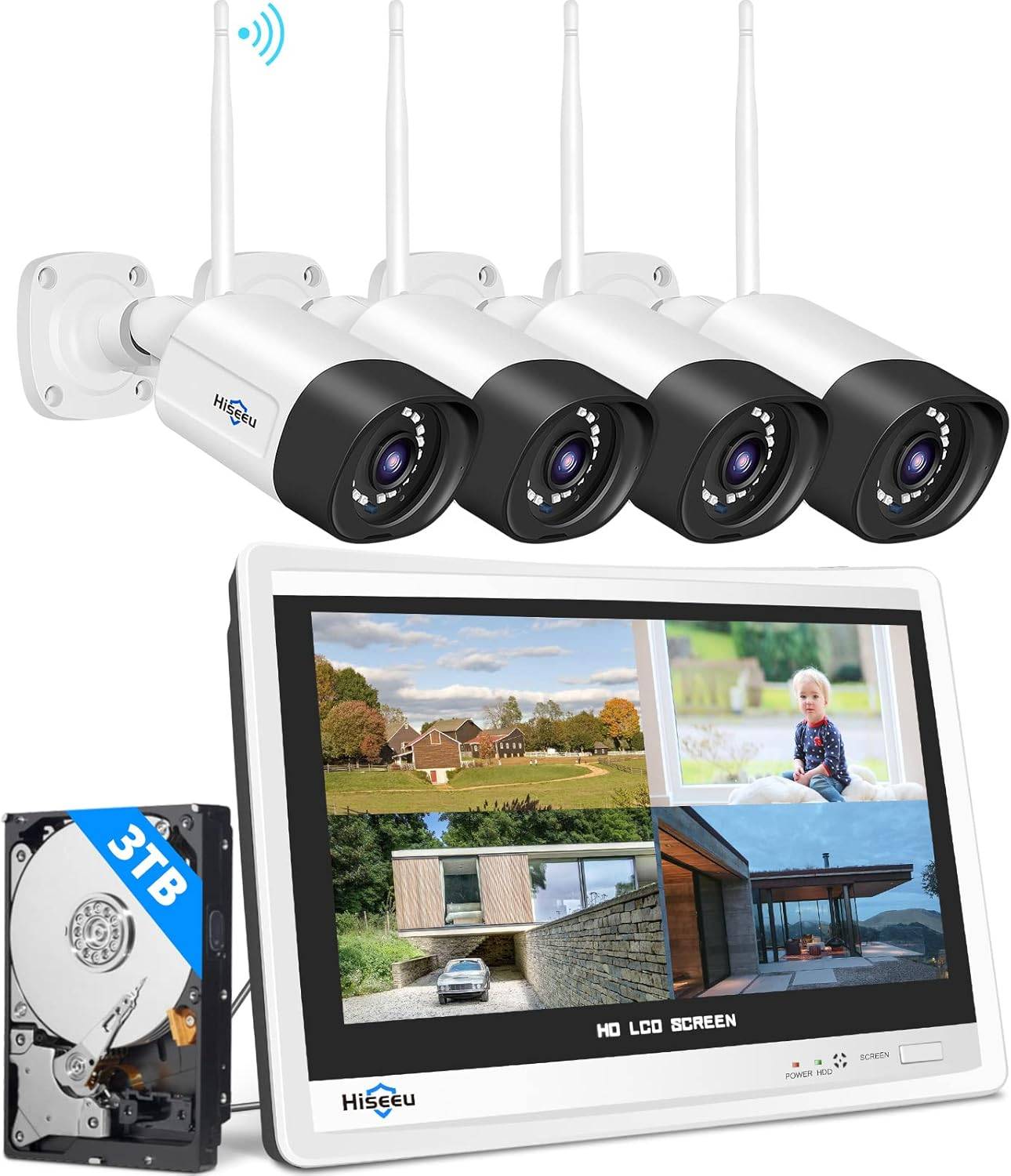 Trådløs inde/ude Security System 12 LCD-skærm & 4x Kamera - WiFi kamera m/ night vision - 5MP + 3TB