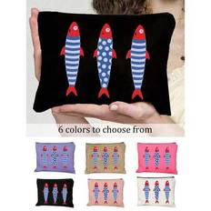 Retro Sardines Cosmetic Pouch,Three Red And Blue Fish Fashionable Large Capacity Makeup Bag, Travel Makeup Bag, Solid Color Zipper Bag, Beauty Bag, Ca - Multicolor - Black (1 Piece),Pink (1 Piece),White (1 Piece),Rose Red (1 Piece),Khaki (1 Piece),Purple (1 Piece)