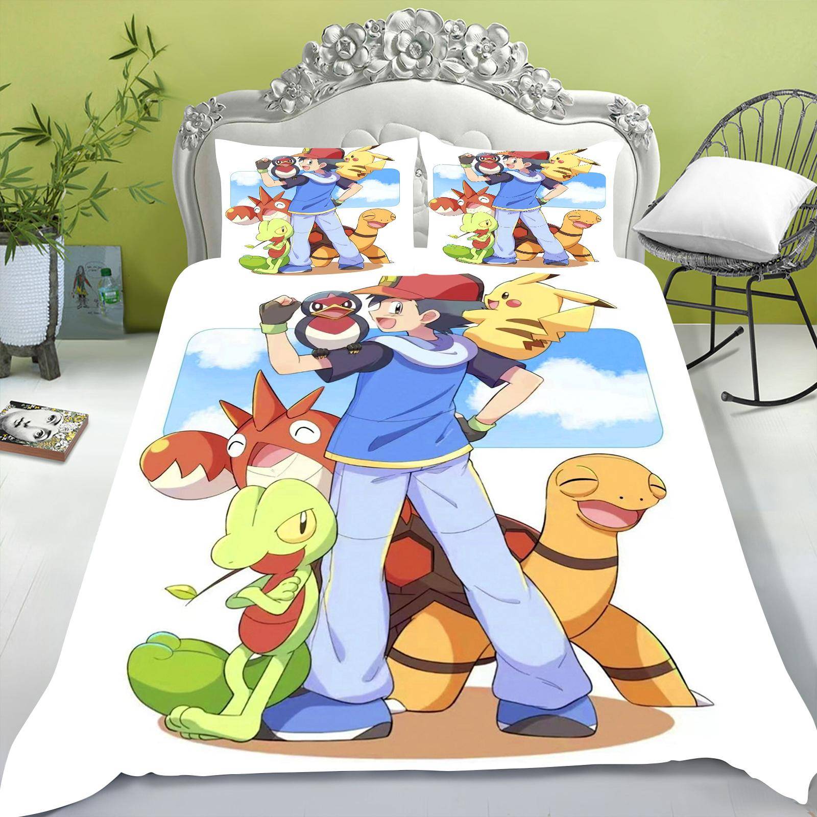 Tecknad påslakan set för barn, Pikachu Anime täcke, King Size täcke, Queen, Grad A, 3D sovrumslakan 140x210cm