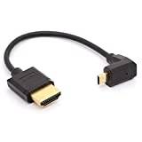 HTGuoji vinklad mikro-HDMI till HDMI-kabel, 90 graders vinkel micro HDMI hane till HDMI hane adapterkontakt för 1080P, 4K, Ultra HD, 3D, Ethernet 15 cm (nedåt)