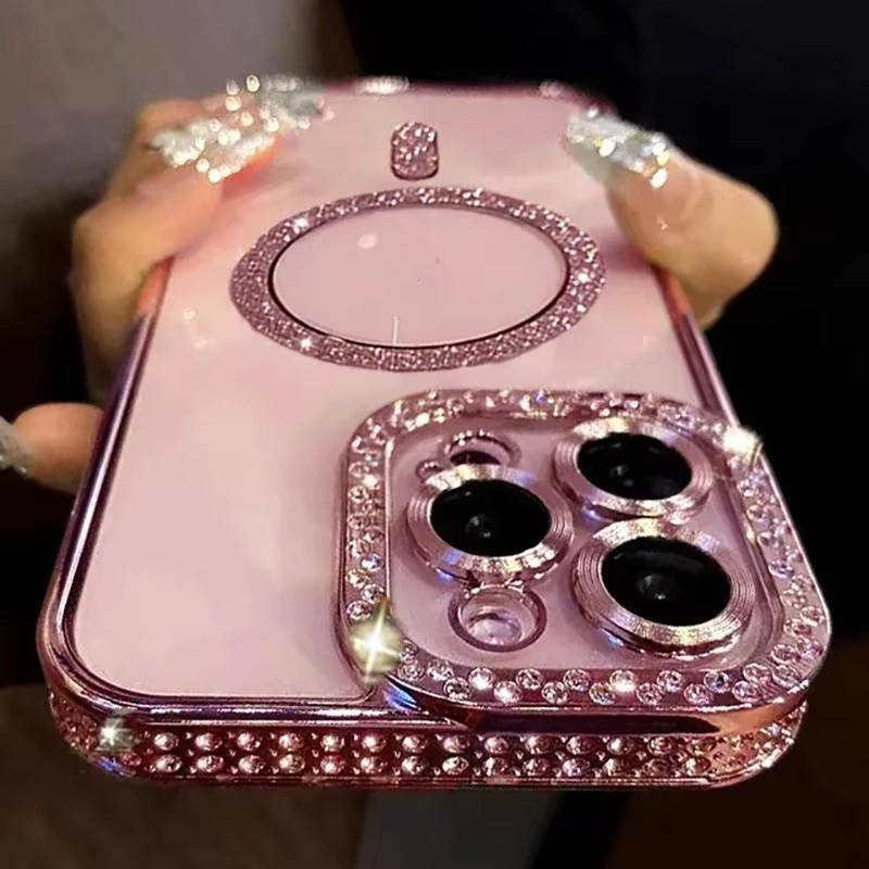 Nytt Mode Glitter Diamant Transparent Skal För iPhone 16 15 14 13 11 12 Pro Max 16 Plus Magnetiskt Trådlös Laddning Stötfångarskydd rosa