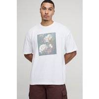 Mens White Oversized Floral Photo Box Printed T-Shirt