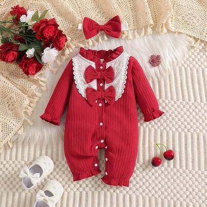 Nyfödd babyflicka rosa stickad ribbad söt romper med volangkrage, spetskant, dubbel rosett, knappslå fram, lång ärm och matchande pannband - Röd (6-9M,0-1M,1-3M,3-6M)