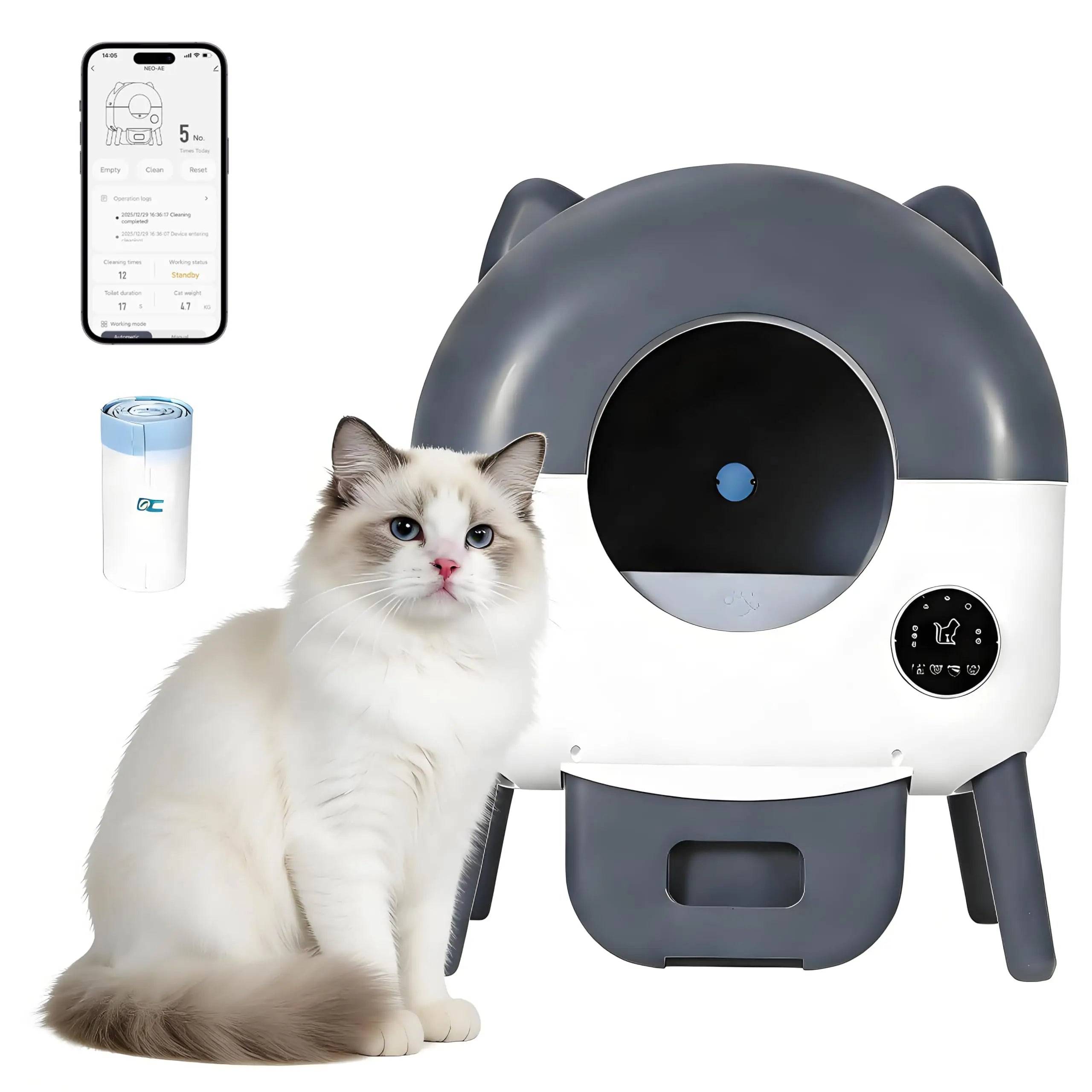 76L Self-Cleaning Cat Litter Box | 15-Day Waste Bin | ≤35dB Quiet | LED Night Light | App Control - Dark Grey / United Kingdom