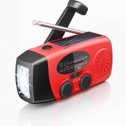 1 st uppvridbar radio, nödradio med solceller och vev, AM/FM dynamoradio med 2000 mAh batteri, stark ficklampa för nödsituationer och utomhusbruk - Röd