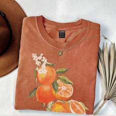 Orange Flower Print T-Shirt, Casual Round Neck Short Sleeve Blouse, Summer Fashion Fresh And Clean - Brown - L,M,S,XL