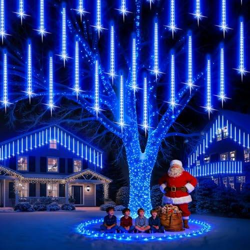 PEMOTech Julbelysning utomhus, 16 rör 40 cm 576 LED meteordusch lampor, vattentäta juldekorationer istappar för julgran halloweenfest, utomhus juldekorationer, Ul plugg, blå